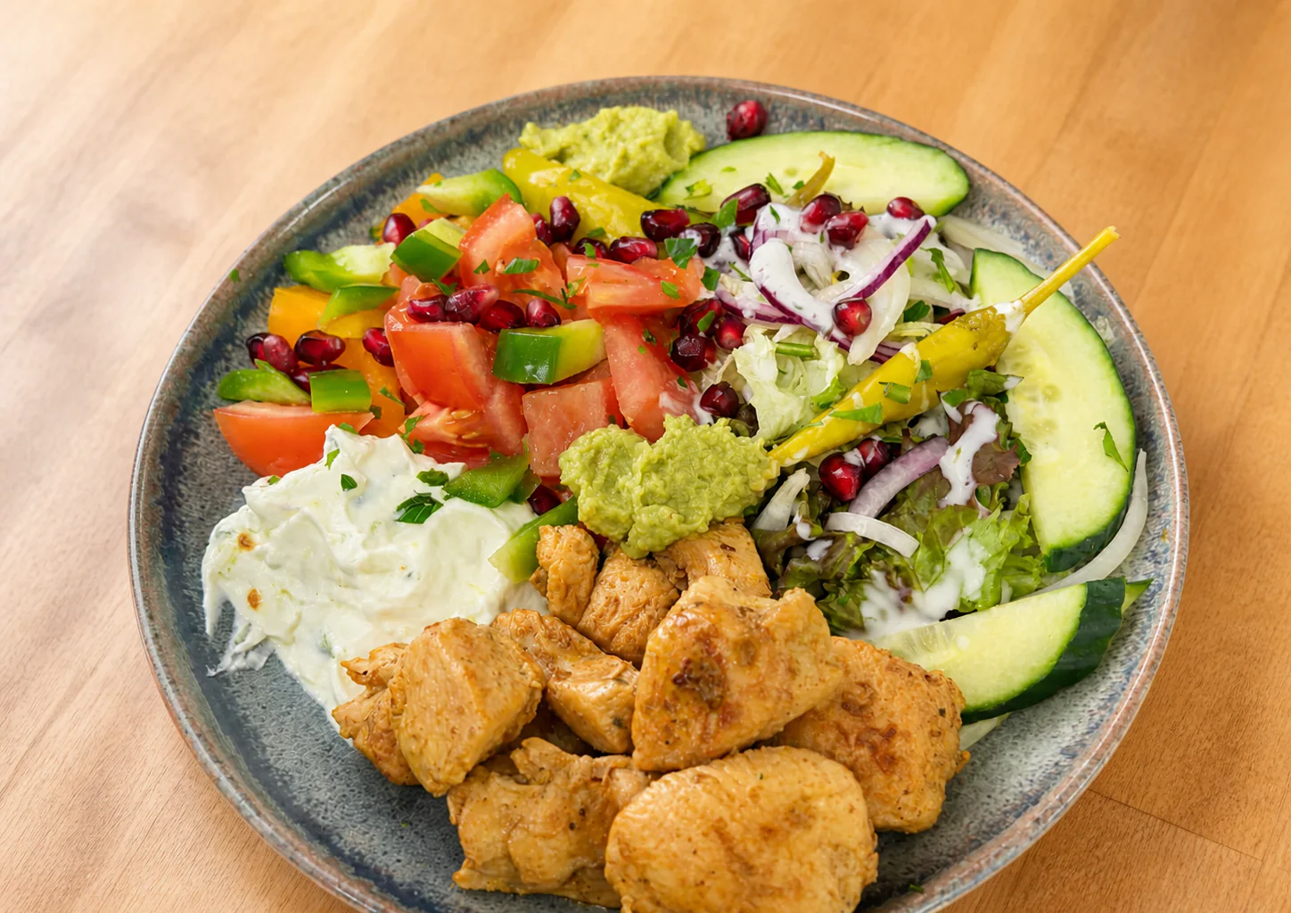 Frische Bowl mit Hähnchen, Gemüse, Salat und Joghurt-Dressing