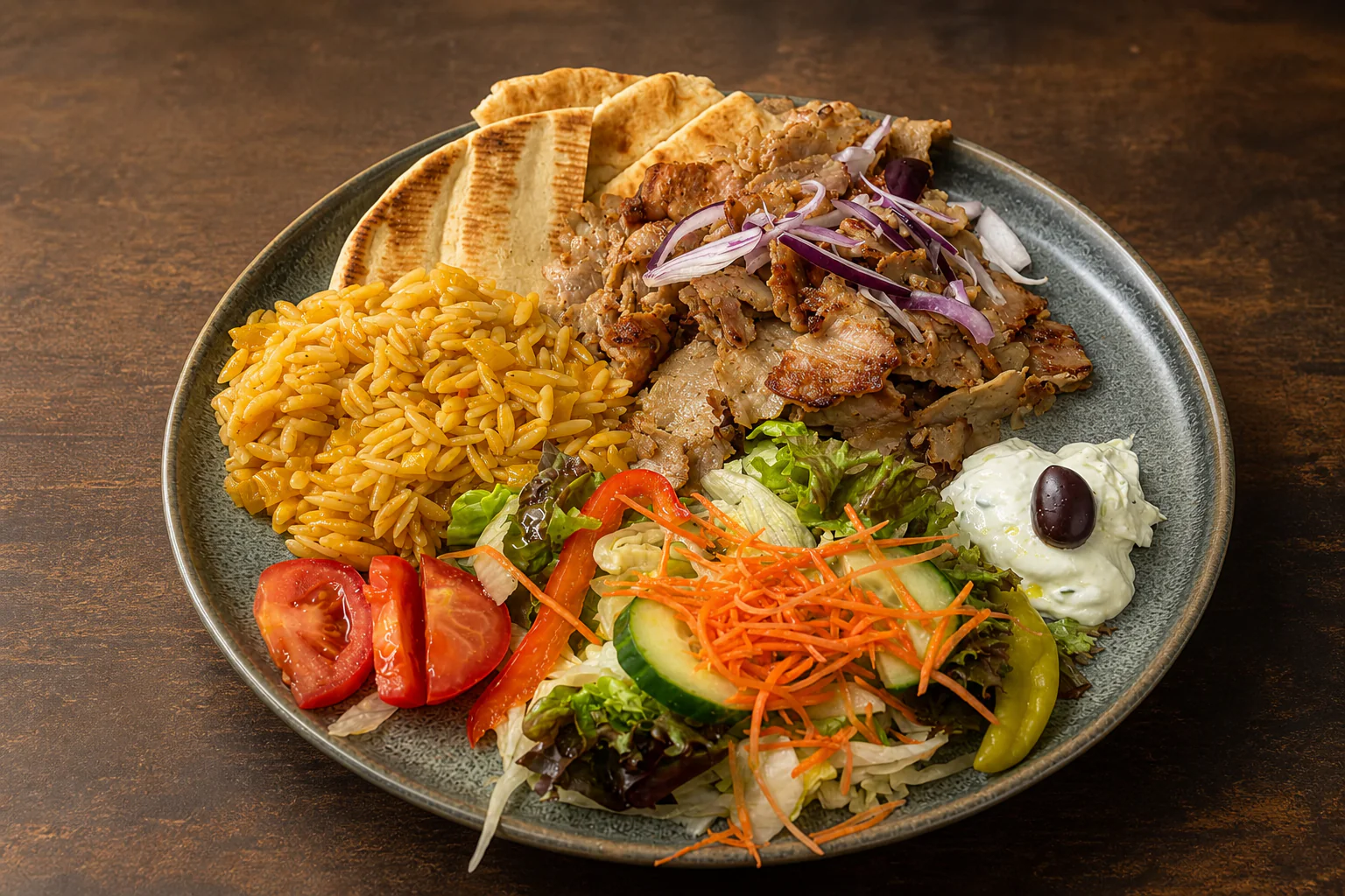 Gyros-Teller mit griechischen Reisnudeln, Salat, Pita und Tzatziki